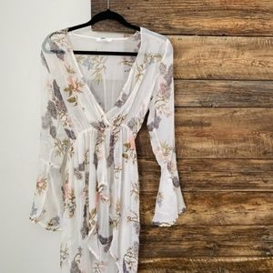 Floral Sheer V-neck Beach Coverup